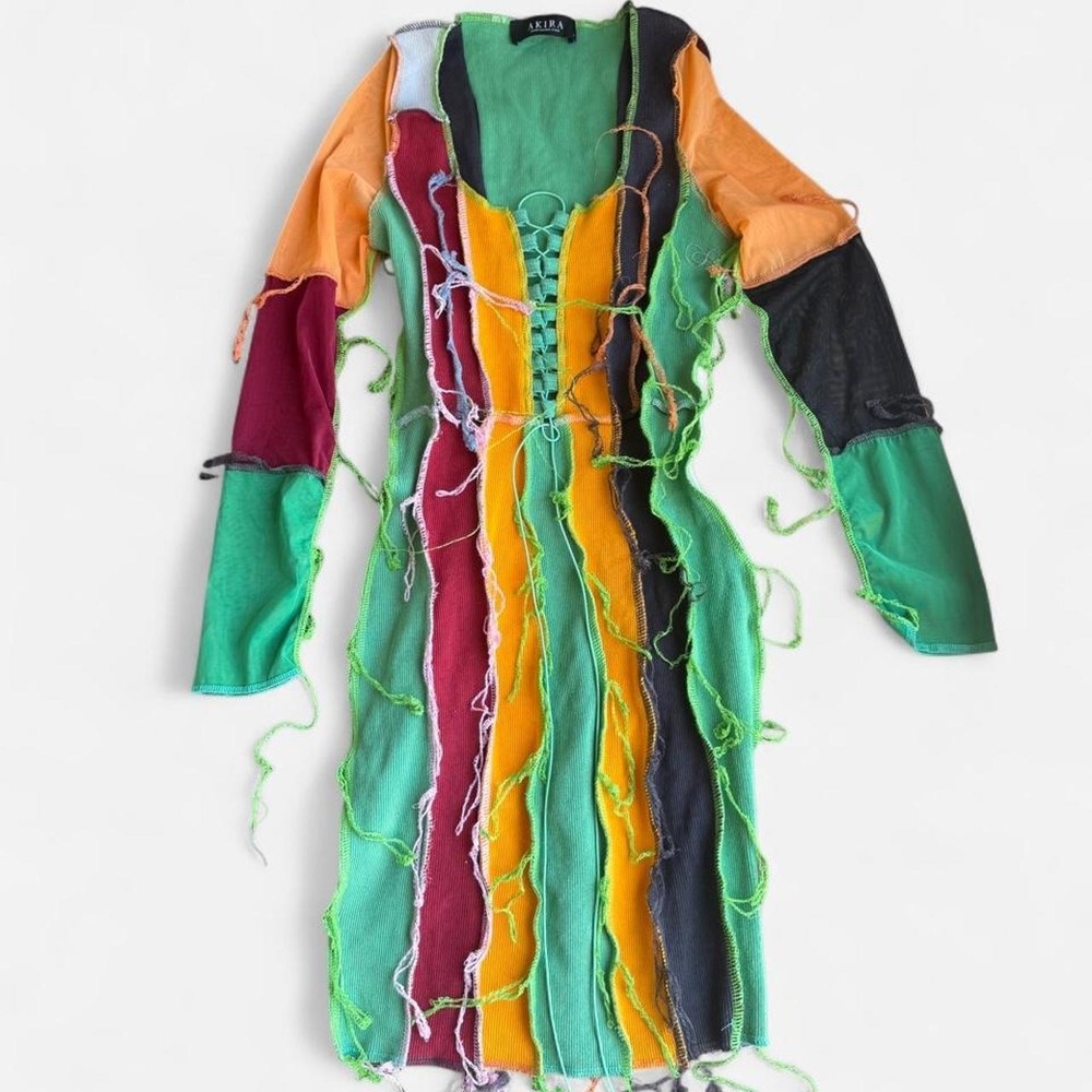 Akira 2010s style multicoloured patchwork seam dress with fringe
